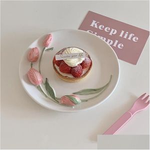 Dishes Plates Ins Wind 3D Tip Ceramic Dessert Plate Breakfast Bowl Girl Heart Cute Cake Tableware Ritual Decoration Drop Delivery Home Otldy