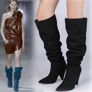 Sharp pointed pleated sloping heel knee length boots for women with large sleeves fashionable high heels large sleeves women boots