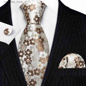 Neck Ties Neck Ties Free Shipping Mens Ties White Silver Gray Floral Geen Neck Tie Handkerchief Cufflinks Set Wedding BarryWang Clip Brooches 5974 Y240325