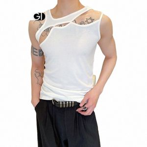 men Hollow Tank Tops Tee Vest Tshirt Slim Fit Undershirt Sleevel T-shirt Nightclub Stage Male Net Celebrity Modeling Clothing S9Ek#