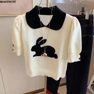 Toys Rabbit Jacquard Knitted Sweater Tshirt Women 2023 Summer Puff Sleeve Peter Pan Collar Tees Knitwear Korean Sweet Ladies Jumpers