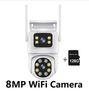 DHL Gratis frakt 4K 8MP PTZ WIFI IP -kamera Dual Lens med dubbelskärm Human Detect Auto Tracking Wireless Outdoor Surveillance Camera med 128G Memory Card