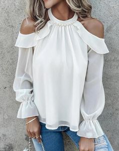 Women's T Shirts Casual Pearls Decor Ruffles Cold Shoulder Top Temperament Commuting Summer Female Fashion Long Sleeve Blouses