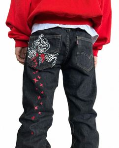 male Rap Hip Hop Baggy Jeans Street Fi Dem Print Black Loose Board Denim Pants Y2k Gothic Fi Wide Straight Leg Pants o19E#