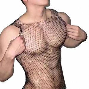 fl Diamd Vest Mesh Navel Tank Tops Men's Sexy Fishnet Perspective Persality T-shirt Trend Nightclub Unisex Sexy Underwear f1zn#