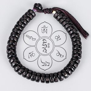 Pulseira budista tibetana trançada à mão, fio de algodão preto marrom, nós da sorte, contas de casca de coco natural esculpida mantra 240315