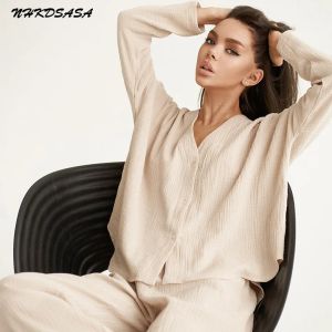 Capris Khaki Pure Cotton Sleepwear V Neck Single Breasted Wide Leg Pants Trouser Suits Drop Sleeves Set Woman 2 Pieces Loungewear