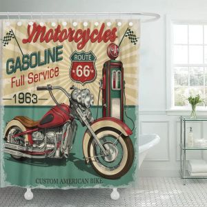 Cortinas cortina de chuveiro retro vintage gasolina rota 66 motocicletas clássicas à prova dwaterproof água poliéster tecido banheira cortina com ganchos