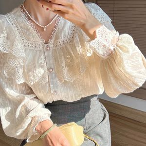 Vintage French Women Shirts Lace Lolita Elegant Long Sleeve Flounce Blouse High Quality Office Lady Fashion Chic Female Tops 240318