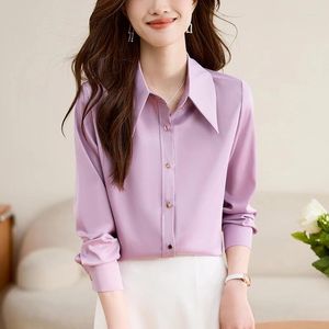 Blusas femininas camisa coreana feminina cetim roxo manga longa senhoras topos primavera moda roupas outono blusas mujer blusa feminina