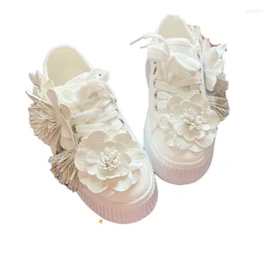 Casual Shoes Girls Sneakers 4cm Platform Spring Summer White Rhinestone Flower Wheel Canvas Travel Wedding Bride Shoe Comfort