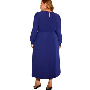 Plus Size Dresses Crew Neck Long Dress Elegant Lace-Up Midi med puffhylsor för höstfjäderhändelser Kvinnors höga midja Solid