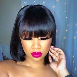 Mofyue Short Human Hair with Bangs Straight Realistic Scalp Glueless Non Lace Front Wig for Women Blunt Cut Bob Wigs 180% Density (10 Inch)