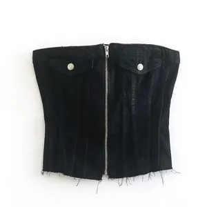 Women's Tanks 2024 Spring Black Denim Vest Rough Selvedge Jean Tank Tops Zipper Top Ladies Crochet Sexy Cropped