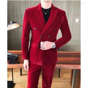 Ternos masculinos de alta qualidade vermelho duplo breasted notch lapela elegante casamento noivo roupas masculinas 2 peça calças jaqueta ajuste fino terno