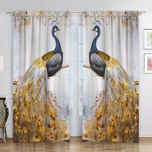 Gardiner 2st Golden Peacock Printed Curtain Rod Pocket Window Treatment For Bedroom Office Kitchen Living Room Study Home Decor