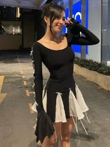 カジュアルドレスパッチワークコントラストカラーフレアスリーブドレススウィートY2K美的包帯弓ベスティドス女性スリムウエストチュニック