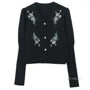 Женский вязаный черный укороченный кардиган 2024, весенняя куртка-свитер с v-образным вырезом, корейские модные топы с длинными рукавами и цветочной аппликацией с блестками