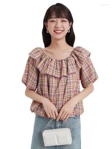 Women's Blouses Summer Cotton 2024 Girlish Sweet Ruffled Plaid Crop Tops Korean Style Lovely Half Sleeves Loose Streetwear Vintage