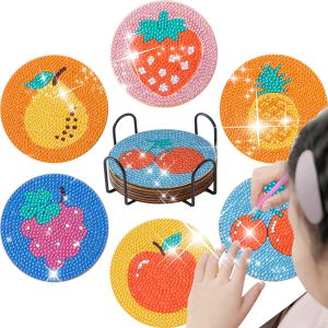 Nummer Ruopoty 6st Diy Diamond Fruit Målning Coaster Rhinestones broderi Coaster Cup Cushion med Rack Table Placemat Cup