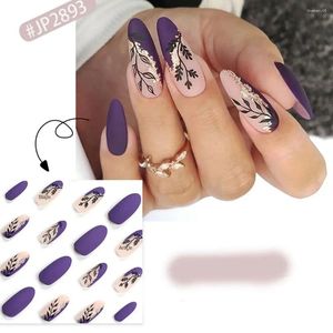 Falska naglar Långt ovala manikyr lila bladguldglitter tryck på avtagbara franska nagelips DIY