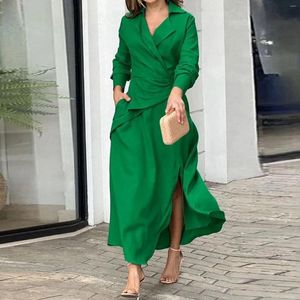 Casual Dresses Elegant Women Turndown Long Dress Summer Full Sleeve Solid Color Maxi Female Fashion Split Hem Ruffles Office Club