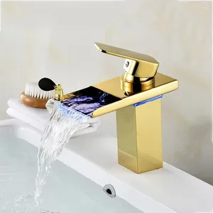 Bathroom Sink Faucets Basin Faucet LED Gold Waterfall Single Hole Cold Rose Tap Mixer Torneira