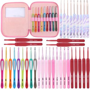 Knitting Nonvor 9Pcs/Set Aluminum Crochet Hooks TPR Soft Handle Knitting Needles Set 2.06.0mm for Weaving DIY Accessories with Pink Bag