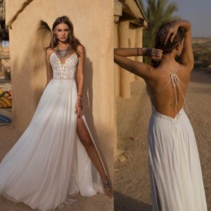 Abiti da sposa in pizzo bohemien Cinghie senza spalline Abiti da sposa a sirena Abiti da sposa senza maniche con spacco alto senza spalline