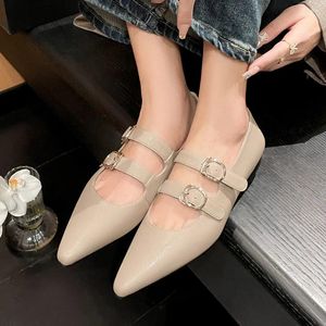 Sapatos casuais femininos de couro genuíno duplo cinto de metal apontado dedo do pé slip-on ballet flats lazer macio e confortável alpercatas femininas