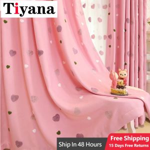 Cortinas dos desenhos animados crianças rosa bordado sheer tule 3d amor coração blackout cortina para meninas sala de estar quarto janela cortina