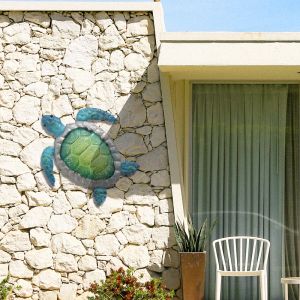 Esculturas de metal tartaruga azul com arte de parede de vidro para decoração de casa escultura de parede estátua interior ao ar livre decoração de piscina quintal banheiro