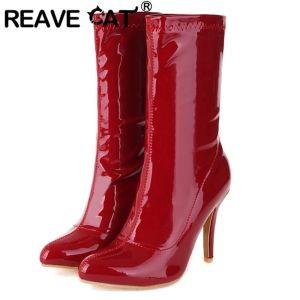 Boots reave as botas médias femininas gatos pontuadas de taco de salto alto Slipon Moda grande tamanho 3248 Solid preto branco inverno vermelho S3201