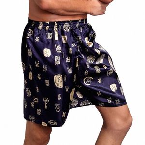 Män sömnbottnar Silk Satin Pyjamas Casual Sleep Short Pants Printed Design Men Nightwear Pants Soft Loose Sleep Shorts Man N14P#