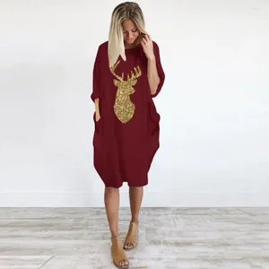 Casual Dresses Christmas paljett älg grafisk tröja klänning med fickor överdimensionerad lös långärmad rund nacke pullover kort