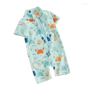 Conjuntos de roupas para crianças meninos maiô proteção solar manga curta gola redonda estampa de caranguejo com zíper roupa de banho
