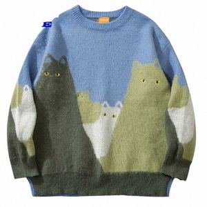 FI herr tröja streetwear harajuku rolig stickad katt broderi ögon jumper 2023 hip hop lossa pullover tröjor svartblå n3oz#