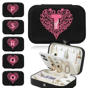 Sacos cosméticos portátil caixa de jóias feminino organizador caso de viagem caixas de armazenamento de cor preta padrão de carta de amor