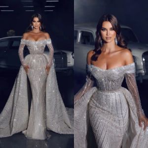 Vestidos de casamento brilhantes mangas compridas bateau fora do ombro lantejoulas apliques 3d rendas vestidos formais trem destacável vestidos de noiva varredura trem de novia