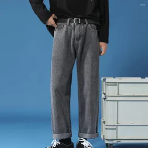 Calças masculinas homens jeans perna larga botão zíper cor sólida bolsos calças primavera outono solto reto denim streetwear