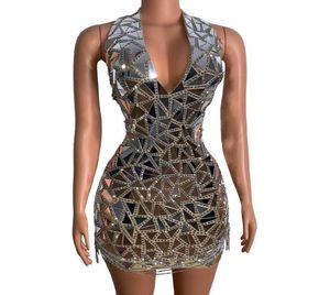 Shining Silver Mirrors Rhines kedjor Kort klänning Evening Party Prom paljetter Birthday Bodycon Dresses Singer Stage Show Wear Casual5447756