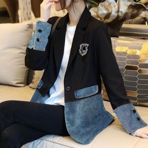 Black Denim Clothing Patchwork Suit Style Coats Threedimensional Inlaid Diamond Label Turndown Collar Single Button Plus Size 240311