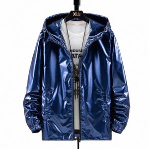 men Shiny Jacket Shiny Sier Bright Hooded Zipper Bomber Jacket Autumn Thin Harajuku Windbreaker Waterproof Coats 09cS#