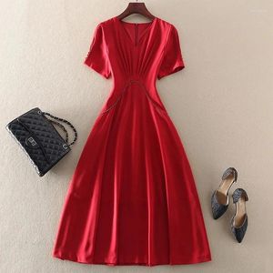 Party Dresses Casual Color Simple Commuter Round Neck Temperament Solid Dress 2024 Summer Short-sleeved Waist And Big Swing Skirt