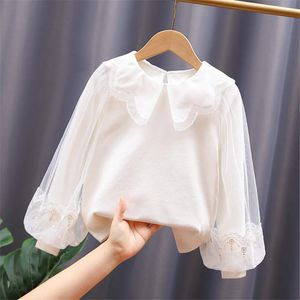 Spring Autumn Toddler Teen Girls Cotton Blouse White Bow Lace Long Sleeve Shirts Kids Pullover Tops Children Clothes 3-12 Years 240318