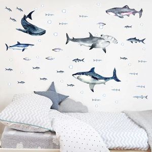 Aufkleber Ozeanwelt Wandaufkleber Aquarell Hai Wandtattoo Unterwasserwelt Aufkleber für Kinderzimmer Schlafzimmer Wanddekoration Aufkleber