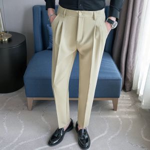 Spring/Summer Loose Suit Pants Men Elastic Waist Straight Leg Casual Pants Solid Color Business Office Social Trousers 28-38