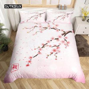 Sängkläder sätter körsbärsblommor Däcke Cover Set King Japanese Style Romantic Theme Pink Comforter Botanical Floral Printed Quilt