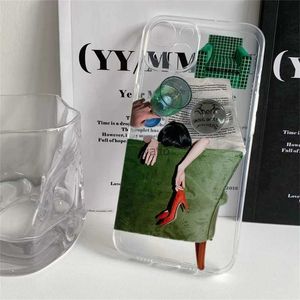 Cell Phone Cases Ins Aesthetic Illustration High Heels Transparent Case For iPhone 14 13 12 11 Pro Max X XR Goblet Shockproof Soft Cover Funda H240326