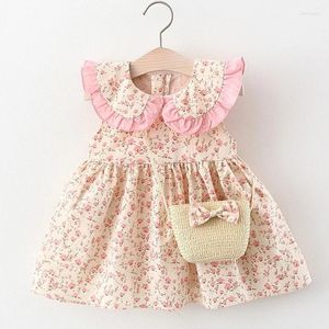 Vestidos de menina 2 peças roupa de verão infantil bebê princesa vestido de praia bolsa estampa fofa algodão sem mangas conjunto de roupas de criança